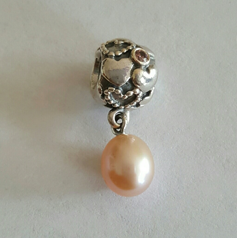 Auth Pandora Pink pearl dangle charm with pink CZ